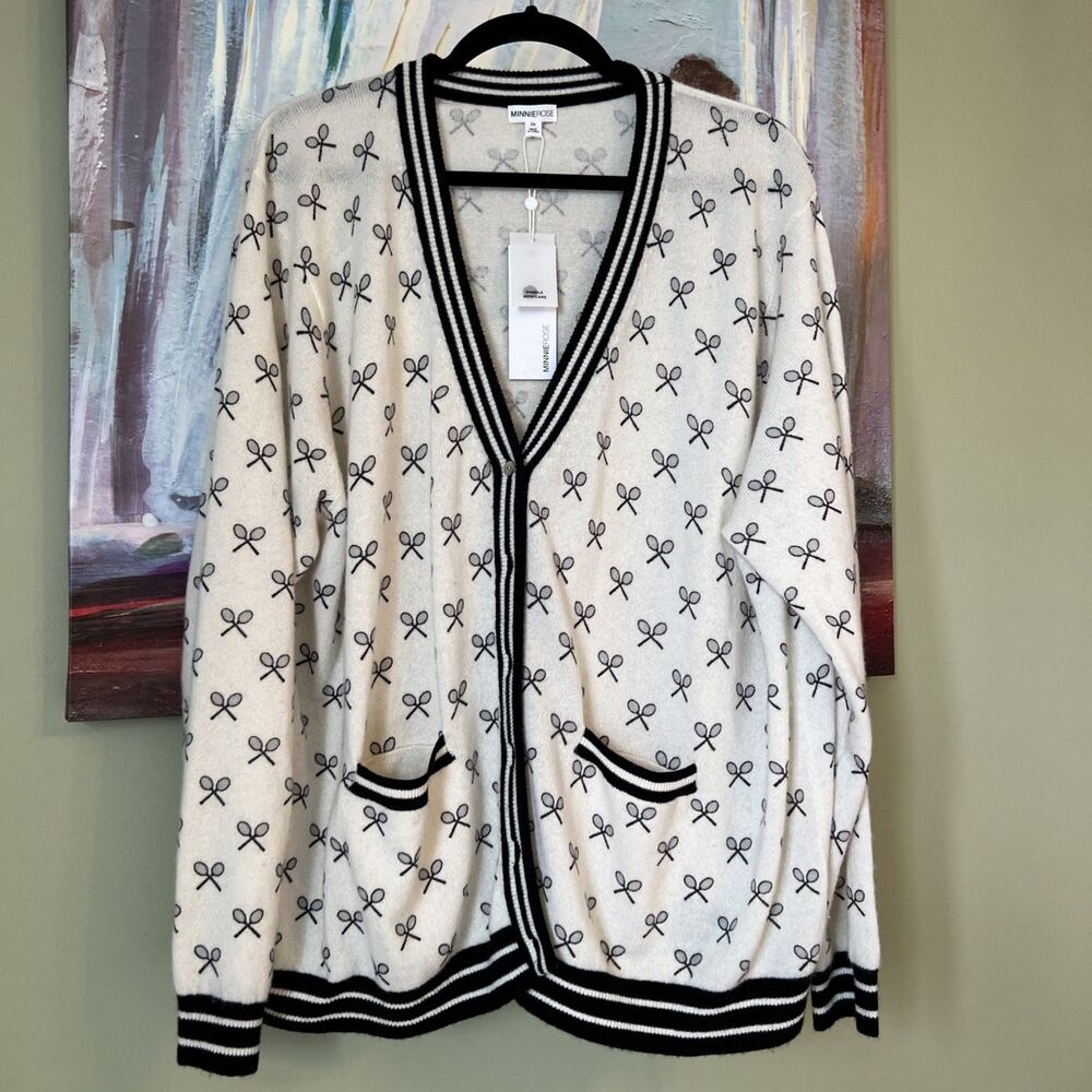 Minnie Rose 100% Cashmere Tennis Club Print Cardigan Off White 3XL NWT